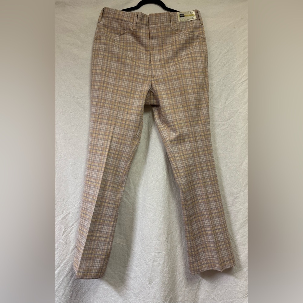 70’s Haggar Tan, blue yellow Plaid Slacks double knit men’s pants 36x32